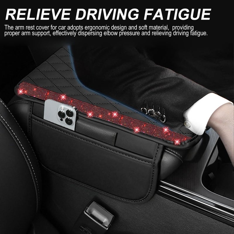 NBTEPEM Bling Car Center Console Cover, Leather Car Arm Rest Cover Cushion with 2 Storage Bags, Universal Automotive Armrest Protector Storage Box, Bling Accessories Interior for Most Vehicles (Red) - Image 4